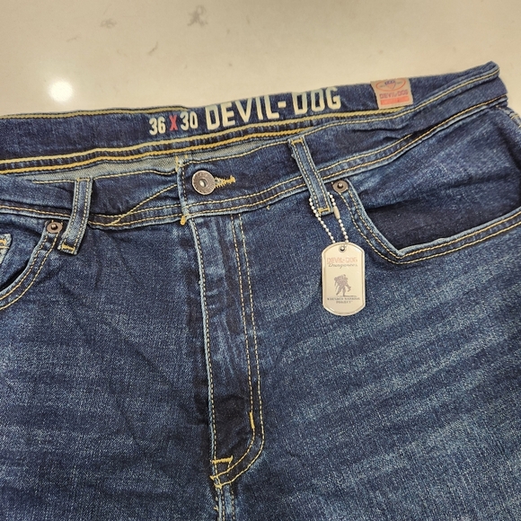 Devil Dog Jeans Dungarees Dark Blue Wash Straight Stretch Denim Mens 36x30 - Picture 1 of 15